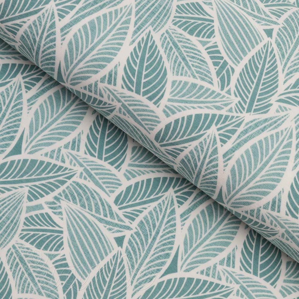 Dekorační látka Leona LN-166 Bílé listy na modrozeleném - šířka 140 cm a 280 cm - Biante.cz