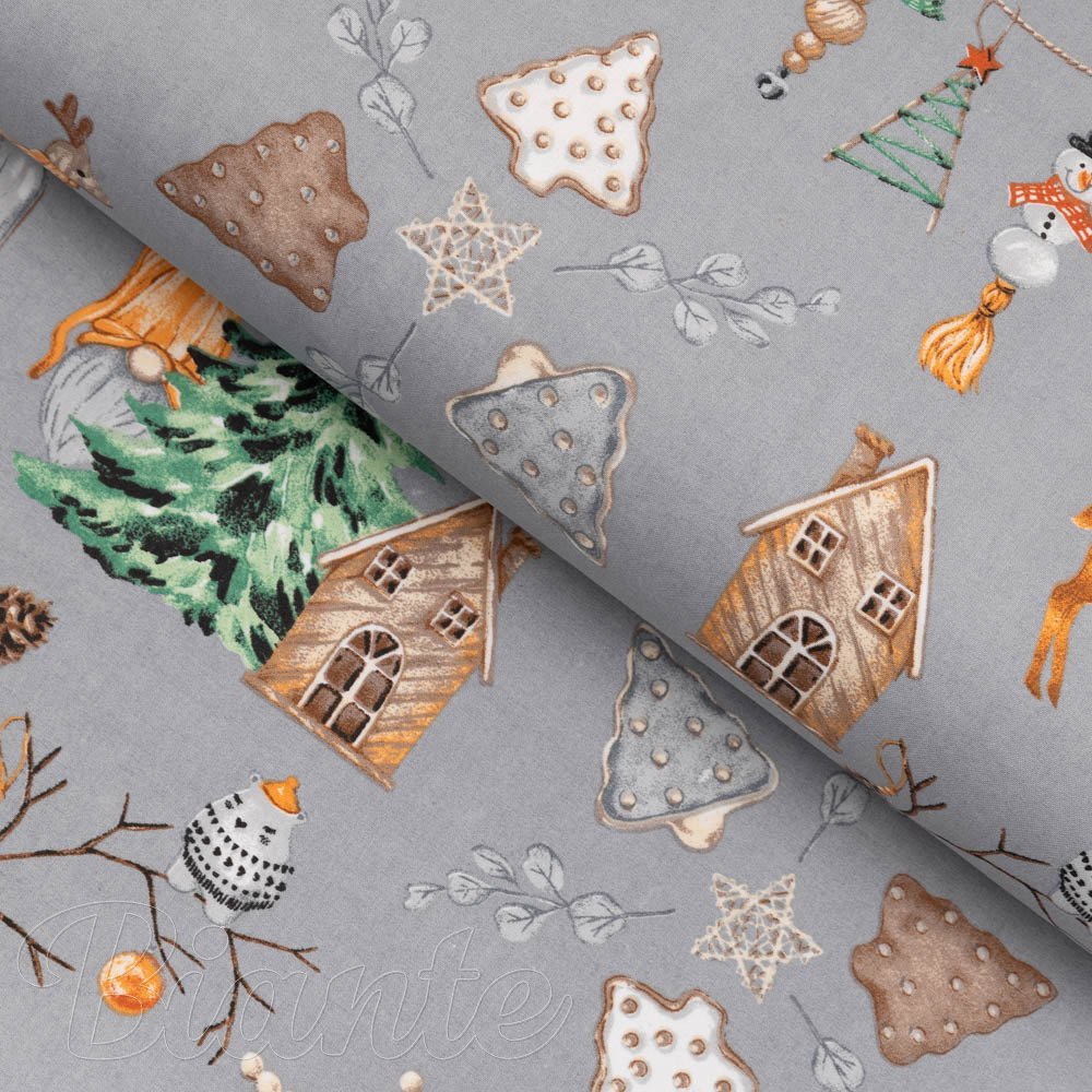 Bavlněná látka/plátno Sandra SA-509 Vánoční skřítci a ozdoby na šedém - šířka 160 cm - Biante.cz