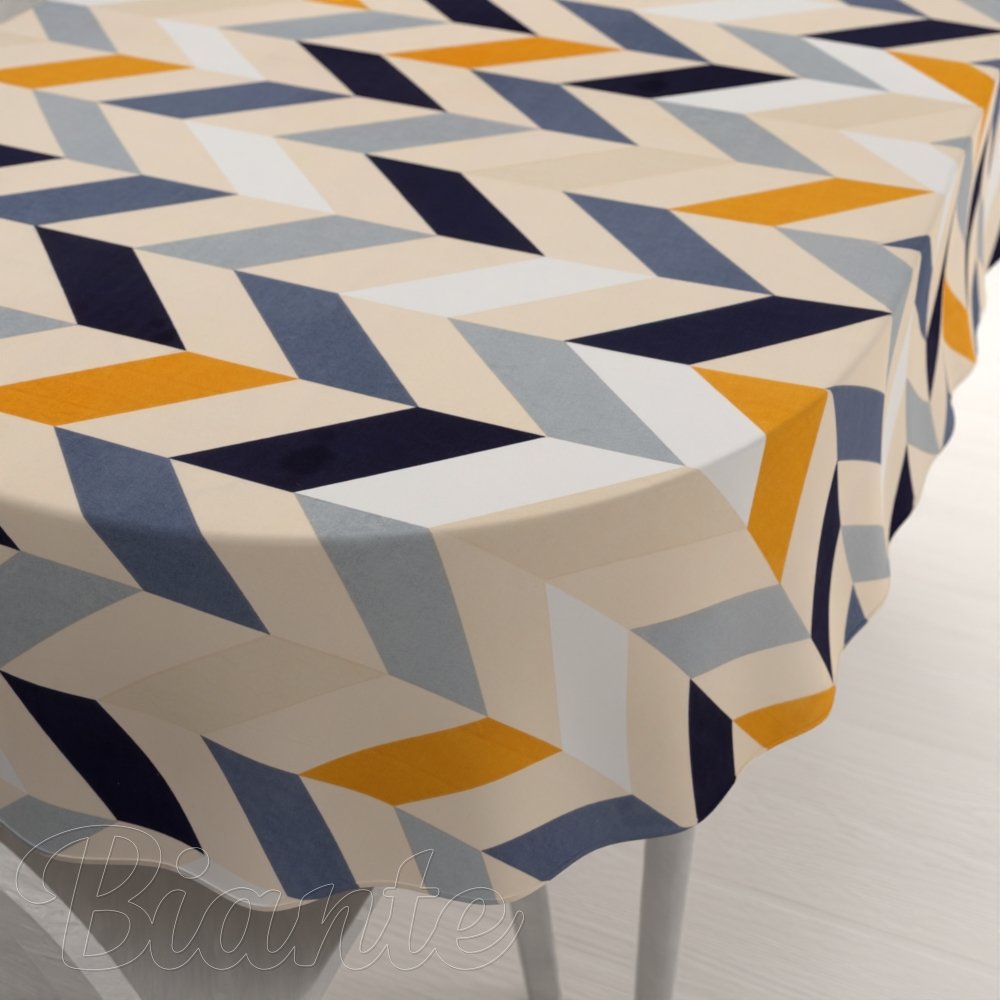 Bavlněný oválný ubrus Sandra SA-751 Velké cik-cak modro-žluto-krémové pruhy - Biante.cz