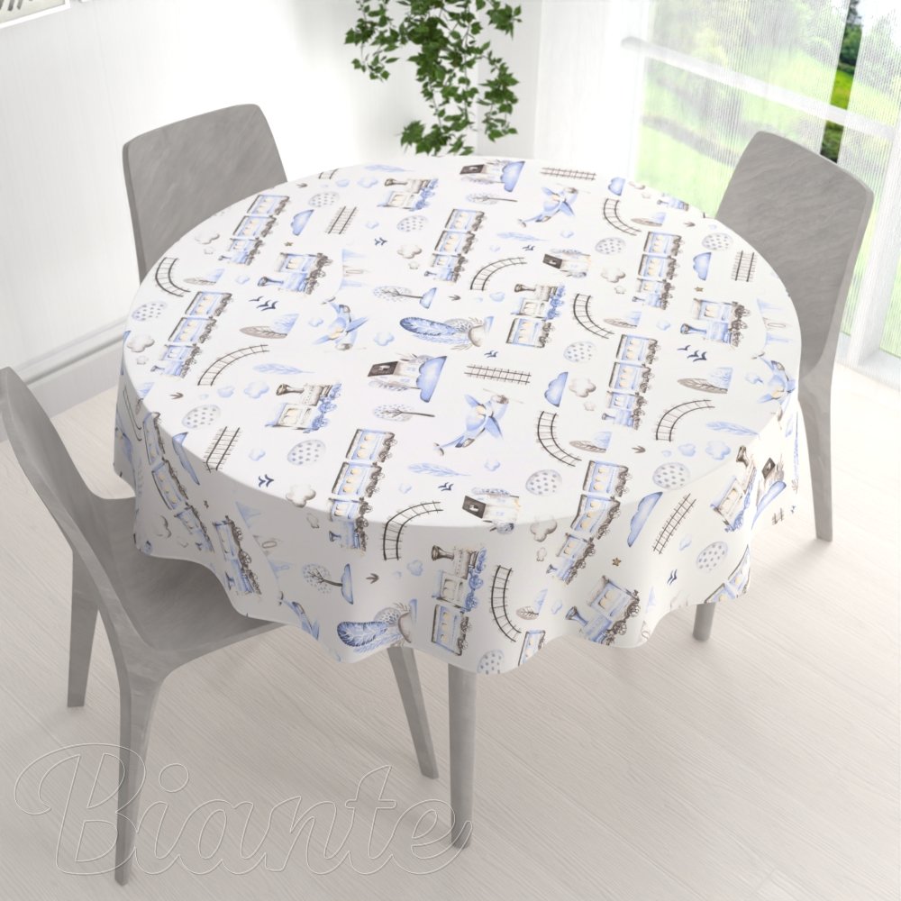 Dětský bavlněný kulatý ubrus Sandra SA-690 Modré vláčky s letadýlky na bílém - detail 1 - Biante.cz