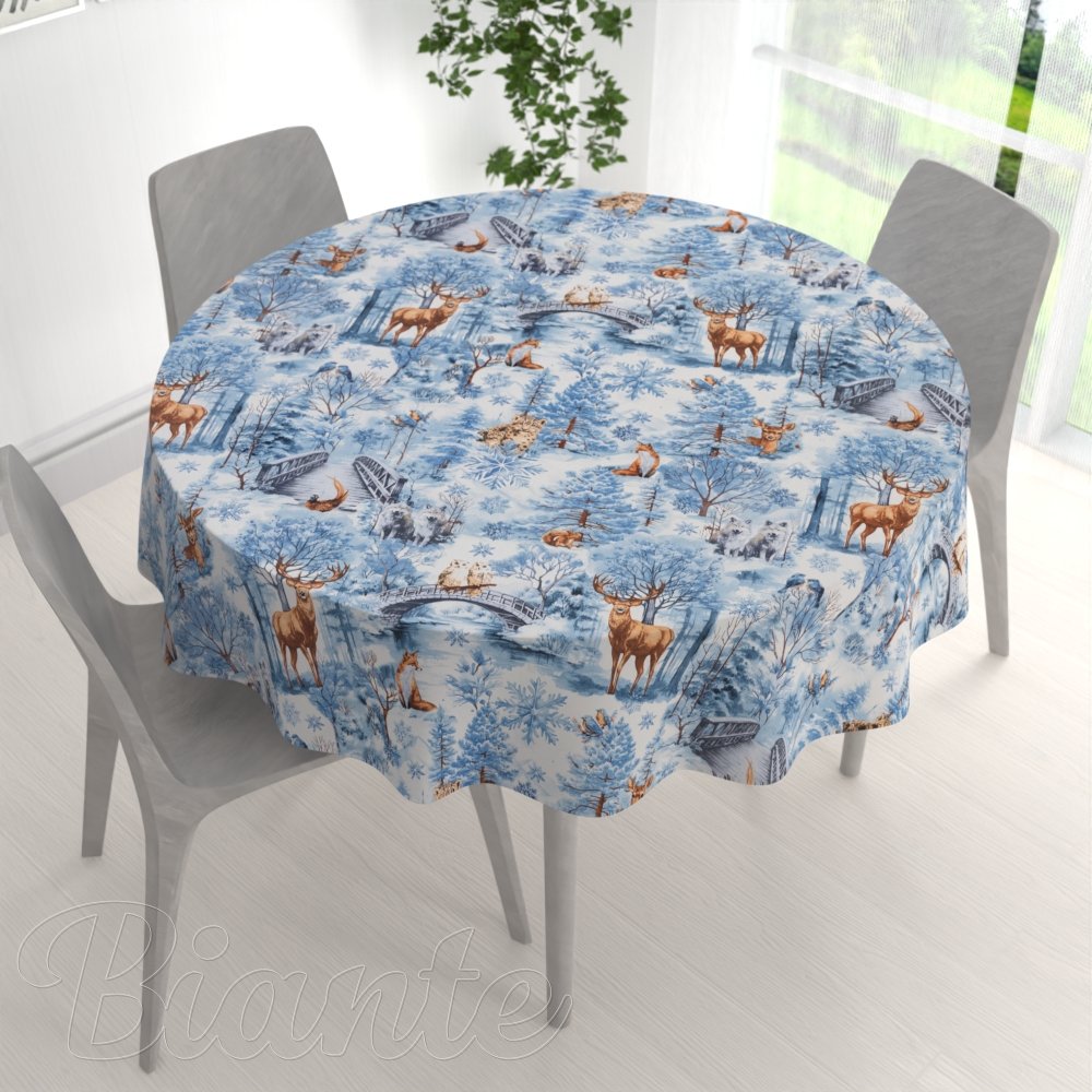 Bavlněný kulatý ubrus Sandra SA-674 Lesní zvířata v zimním lese na modrém - detail 1 - Biante.cz