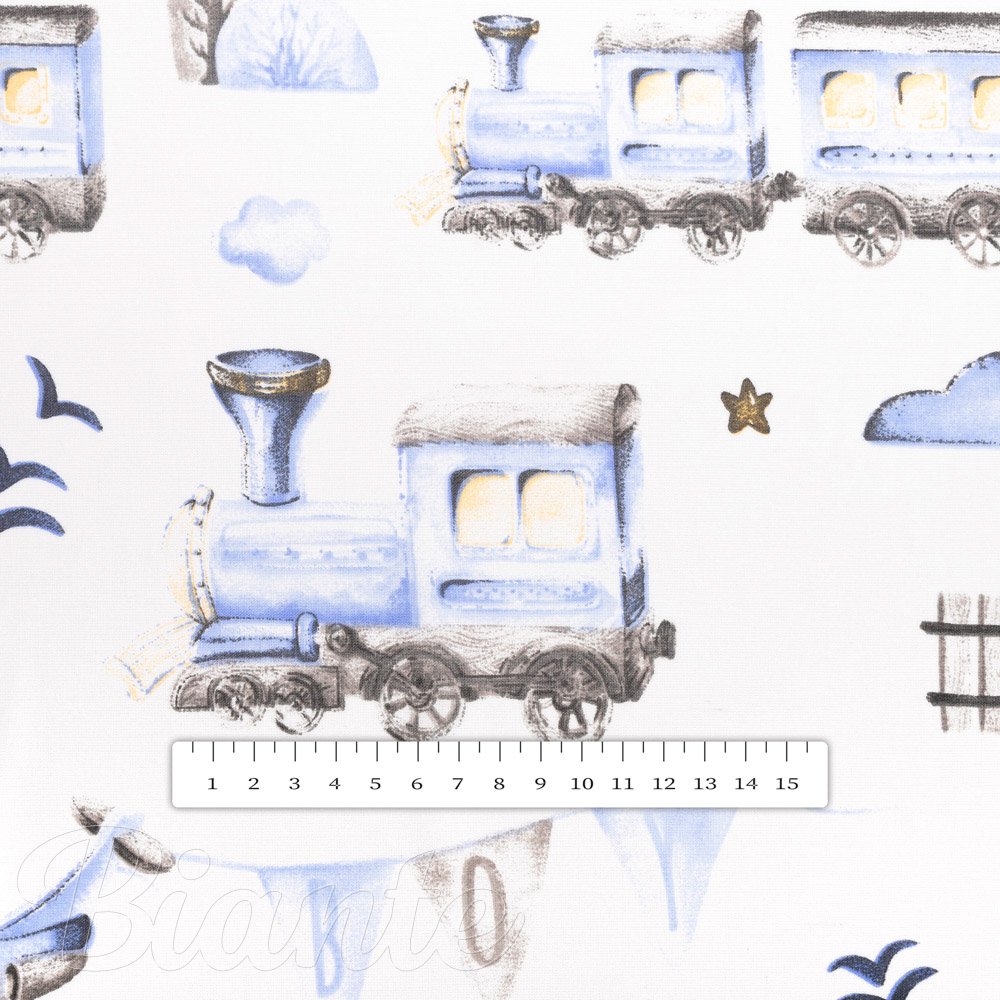Dětská bavlněná látka/plátno Sandra SA-690 Modré vláčky s letadýlky na bílém - šířka 160 cm - detail 3 - Biante.cz