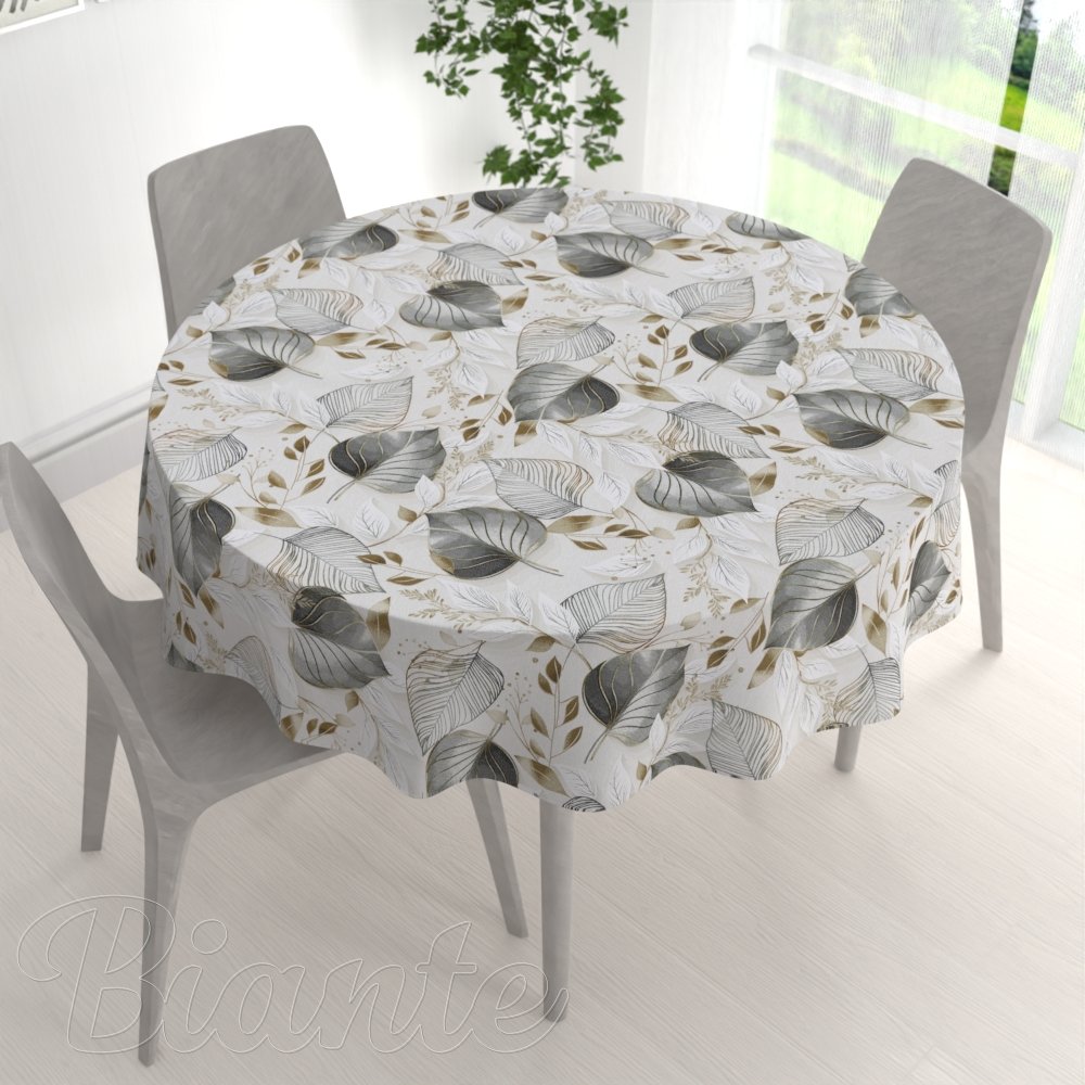 Velký dekorační kulatý ubrus Leona LN-173 Šedé listy na režném - detail 1 - Biante.cz