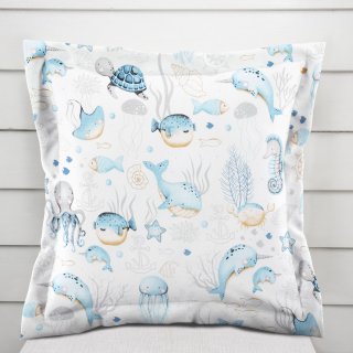 Dětský bavlněný povlak na polštář s lemem Sandra SA-442 Mořský svět modrý na bílém - Biante.cz