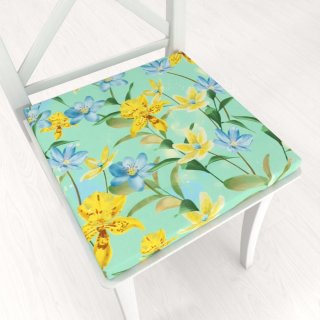 Teflonový čtvercový podsedák TF-082 Žluto-modré lilie na mintovém - 38x38x3 cm - Biante.cz