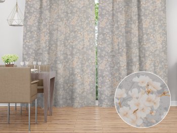 Bavlněný závěs Sandra SA-634 Bílé třešňové květy na šedém - Biante.cz