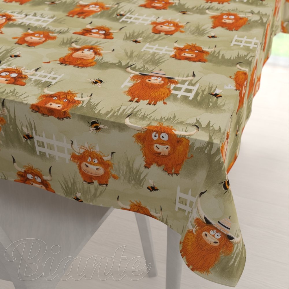 Dětský bavlněný obdélníkový ubrus Sandra SA-612 Býčci na pastvě na zeleném - Biante.cz