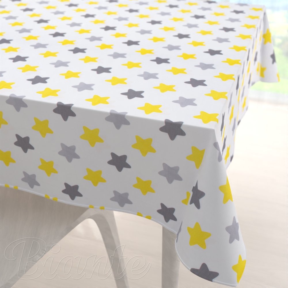 Dětský bavlněný čtvercový ubrus Sandra SA-203 Žluto-šedé hvězdy - Biante.cz