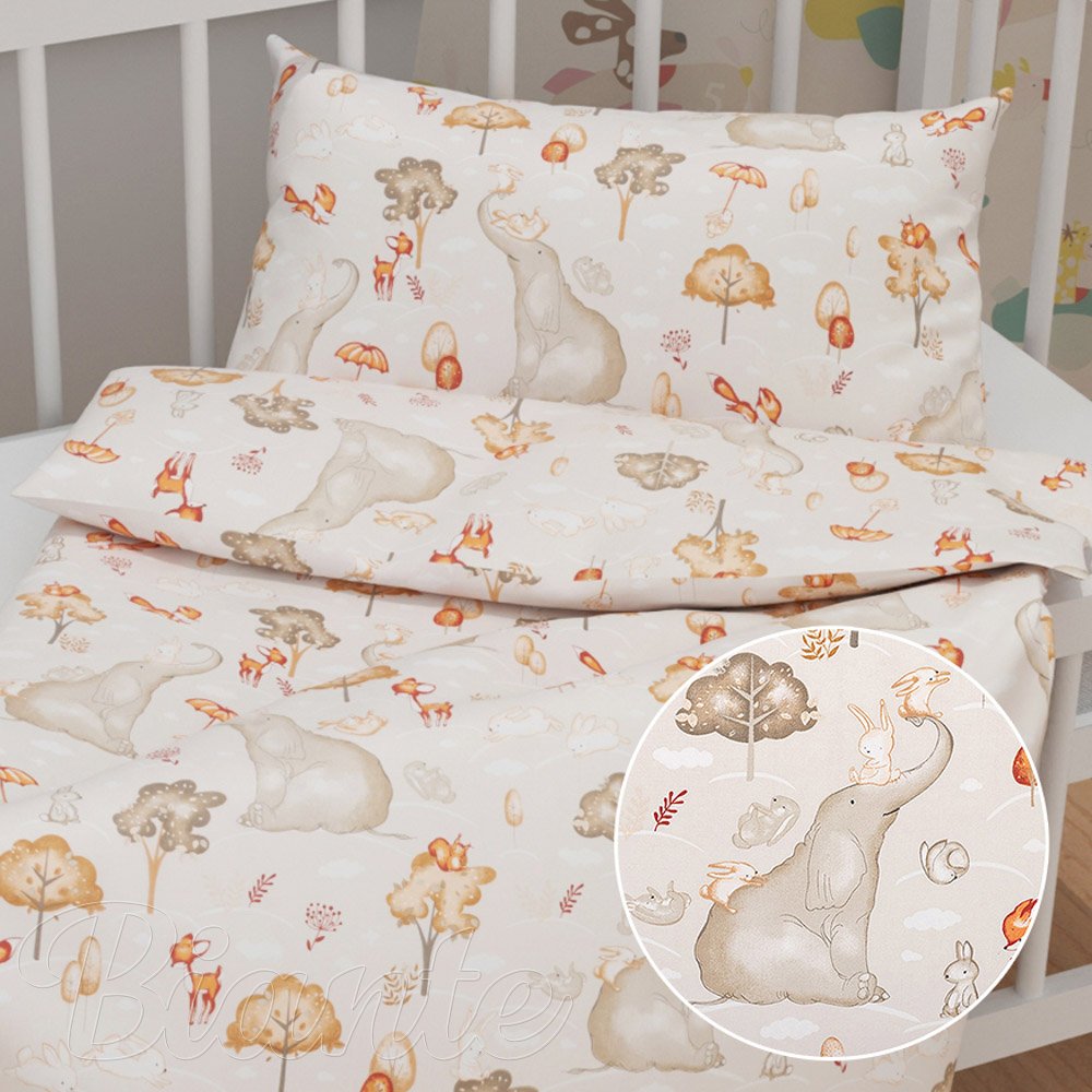 Dětské bavlněné povlečení do postýlky Sandra SA-692 Slon a jeho kamarádi na světle šedobéžovém - Biante.cz