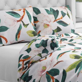 Bavlněné ložní povlečení Sandra SA-293 Magnolie se zelenými listy na bílém - Biante.cz
