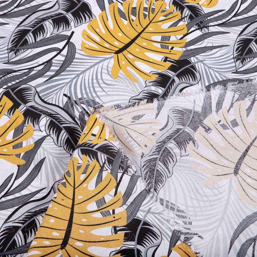 Bavlněná látka/plátno Sandra SA-177 Okrové a šedé tropické listy - šířka 160 cm - detail 3 - Biante.cz