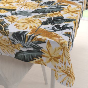 Bavlněný obdélníkový ubrus Sandra SA-388 Šedozelené a zlaté tropické listy na bílém - Biante.cz