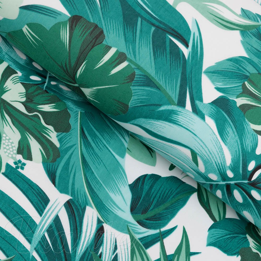 Bavlněná látka/plátno Sandra SA-484 Modro-zelené květy a listy monstery na bílém - šířka 160 cm - Biante.cz