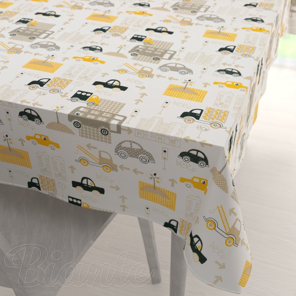 Dětský bavlněný obdélníkový ubrus Sandra SA-672 Žlutá a šedohnědá auta ve městě na bílém - Biante.cz