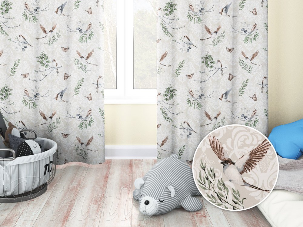 Dětský bavlněný závěs na míru Sandra SA-490 Vlaštovky s motýlky na béžovém ornamentu - Biante.cz