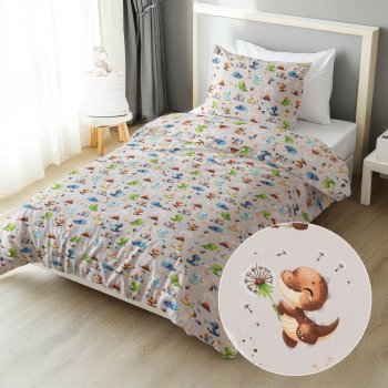 Dětské bavlněné ložní povlečení Sandra SA-656 Modro-zeleno-hnědí dinosauříci na světle šedém - Biante.cz