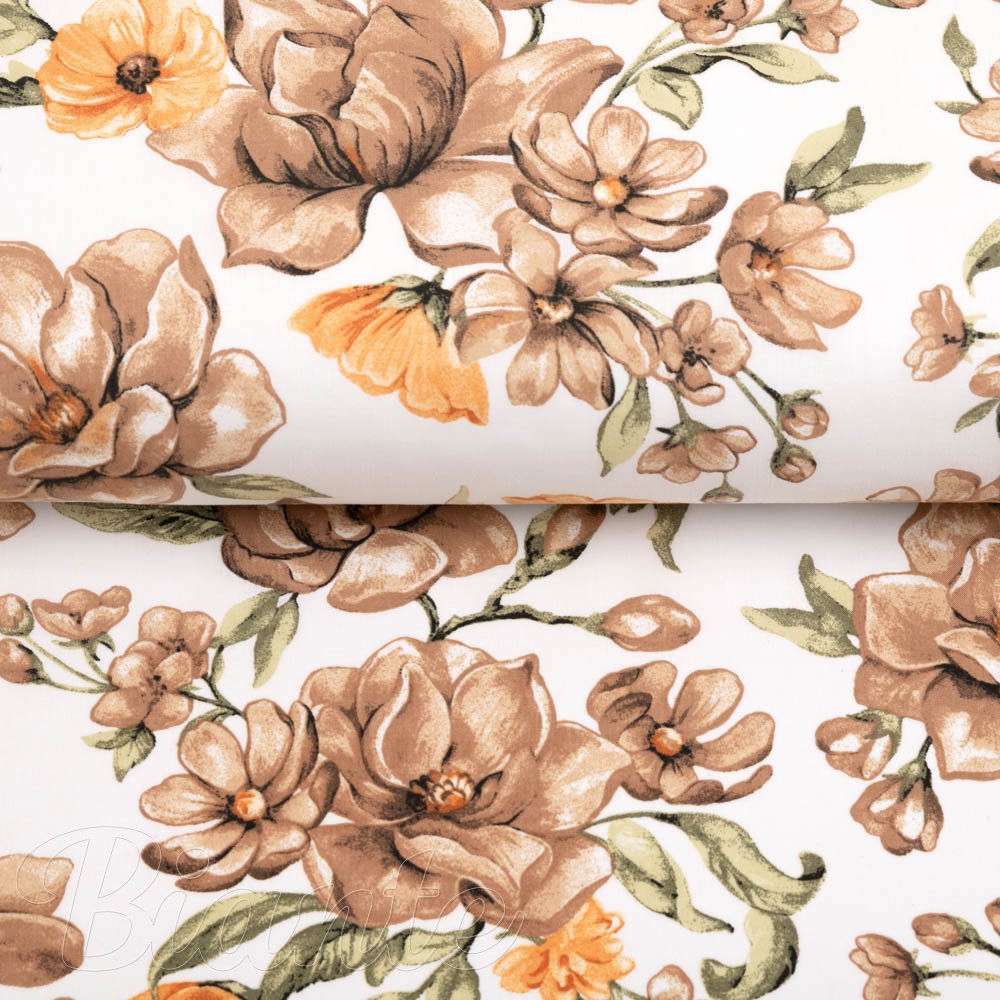 Bavlněná látka/plátno Sandra SA-458 Hnědé květy magnolie s motýlky na bílém - šířka 160 cm - detail 2 - Biante.cz