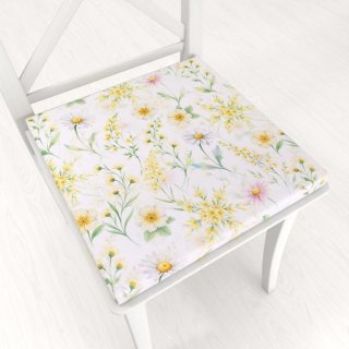 Teflonový čtvercový podsedák TF-135 Malované žluto-zelené luční kvítí na bílém - 38x38x3 cm - Biante.cz