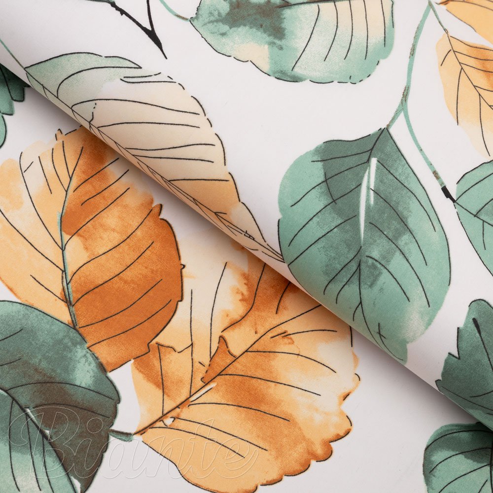 Bavlněná látka/plátno Sandra SA-748 Hnědo-zelené akvarelové listy na bílém - šířka 160 cm - Biante.cz