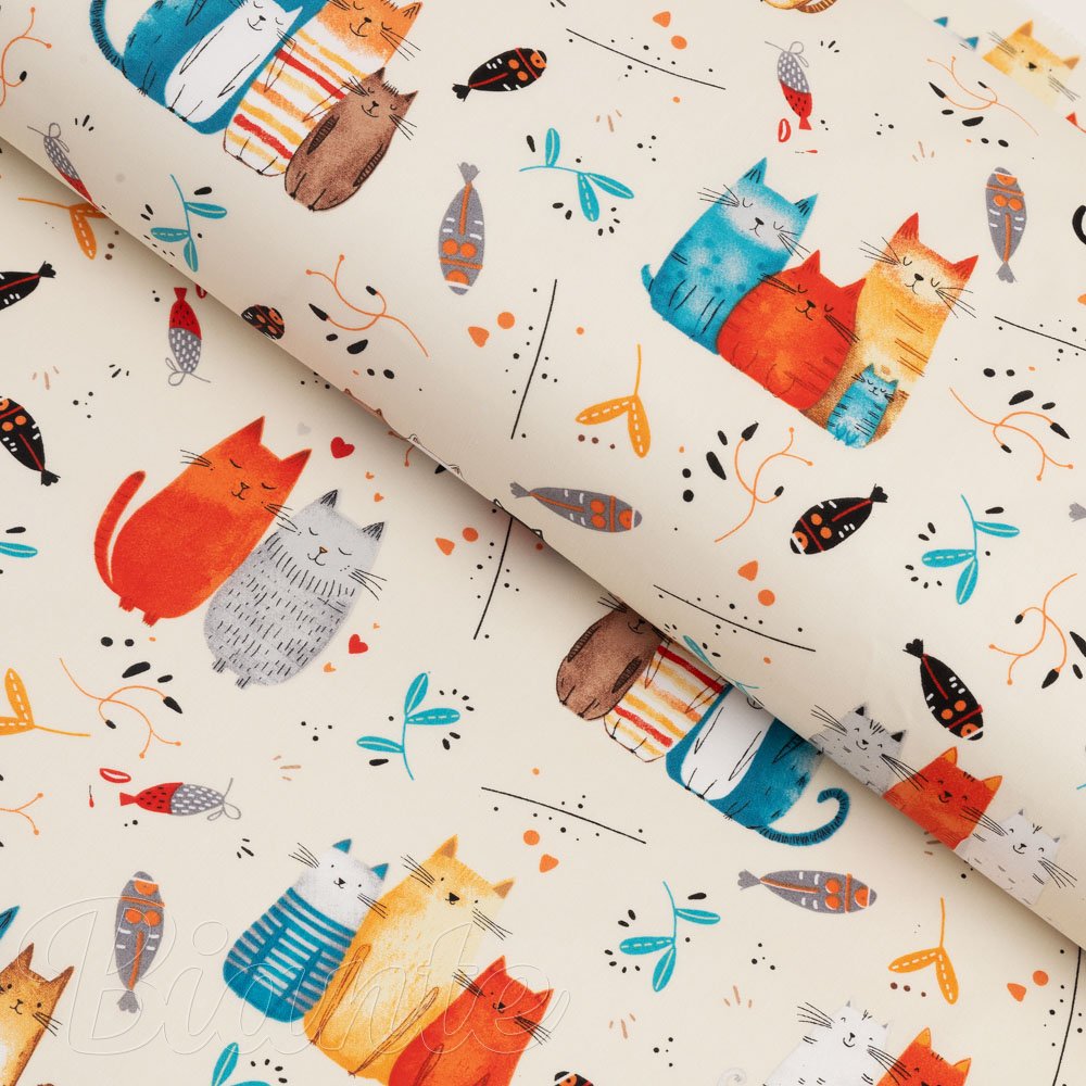 Dětská bavlněná látka/plátno Sandra SA-655 Kočičí svět modro-červený na krémovém - šířka 160 cm - Biante.cz