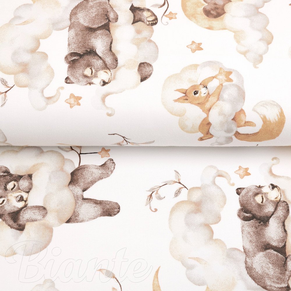 Dětská bavlněná látka/plátno Sandra SA-456 Medvídci zajíčci a veverky v oblacích na bílém - šířka 160 cm - detail 2 - Biante.cz
