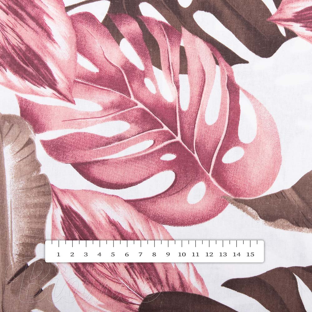 Bavlněná látka/plátno Sandra SA-227 Hnědé a starorůžové tropické listy na bílém - šířka 160 cm - detail 3 - Biant.cz