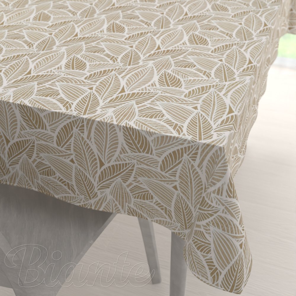 Velký dekorační obdélníkový ubrus Leona LN-168 Bílé listy na světle hnědém - Biante.cz