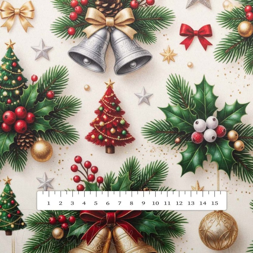 Látka polyesterový satén LUP-510 Zlaté a strieborné vianočné zvončeky a banky na krémovom - šírka 145 cm - detail 6 - Biante.sk