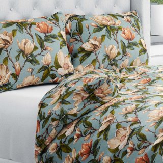 Bavlněné ložní povlečení Sandra SA-545 Květy magnolie na šedomodrém - Biante.cz