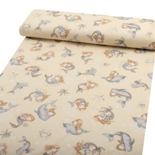 Dětská bavlněná látka/plátno Sandra SA-670 Šedo-hnědé mořské panny s delfíny na žlutobéžovém - šířka 160 cm - detail 1 - Biante.cz Dětská bavlněná látka/plátno Sandra SA-670 Šedo-hnědé mořské panny s delfíny na žlutobéžovém - šířka 160 cm - detail 1 - Biante.cz