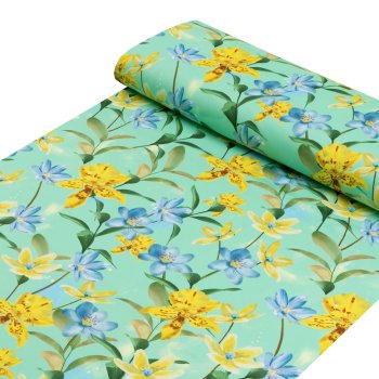 Teflonová látka na ubrusy TF-082 Žluto-modré lilie na mintovém - šířka 155 cm - detail 1 - Biante.cz Teflonová látka na ubrusy TF-082 Žluto-modré lilie na mintovém - šířka 155 cm - detail 1 - Biante.cz