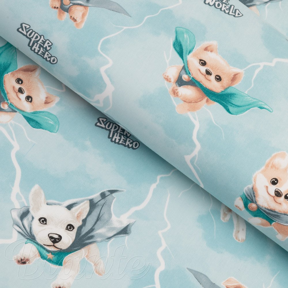 Dětská bavlněná látka/plátno Sandra SA-651 Psí superhrdinové na ledově modrém - šířka 160 cm - Biante.cz