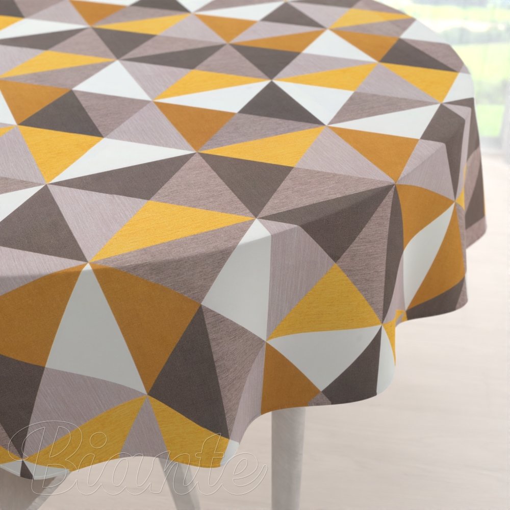 Zamatový okrúhly obrus Tamara TMR-020 Žlto-sivobéžové trojuholníky - Biante.sk