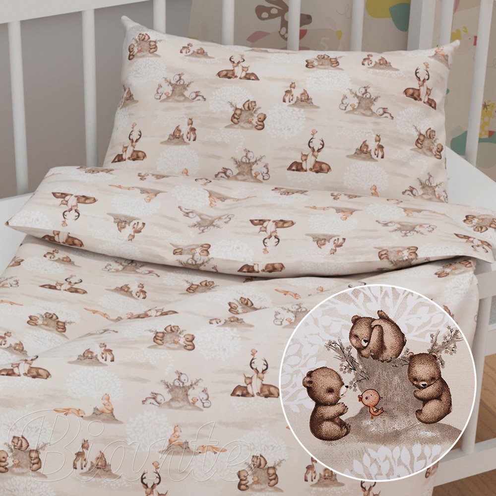 Dětské bavlněné povlečení do postýlky Sandra SA-698 Hnědá lesní zvířátka na béžovém - Biante.cz