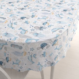 Dětský bavlněný oválný ubrus Sandra SA-442 Mořský svět modrý na bílém - Biante.cz
