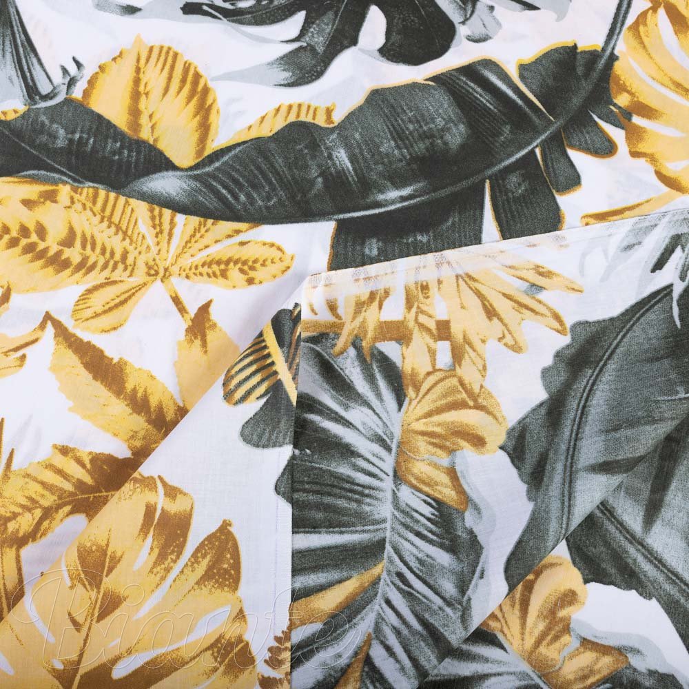 Bavlněná látka/plátno Sandra SA-388 Šedozelené a zlaté tropické listy na bílém - šířka 160 cm a 220 cm - detail 4 - Biante.cz