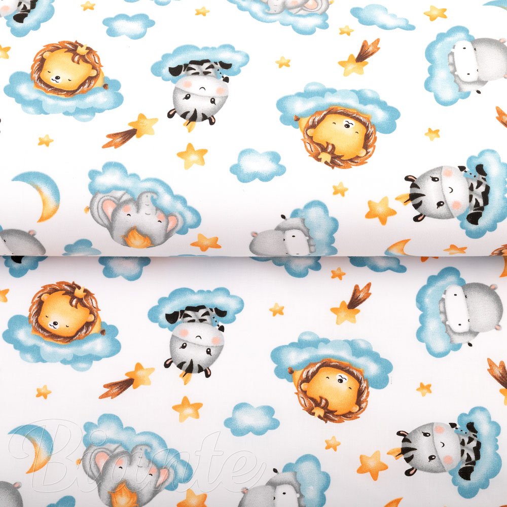 Dětská bavlněná látka/plátno Sandra SA-693 Africká zvířátka na modrých obláčcích na bílém - šířka 160 cm - detail 2 - Biante.cz