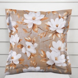 Bavlněný povlak na polštář s lemem Sandra SA-717 Bílé květy magnolie na hnědošedém - Biante.cz Bavlněný povlak na polštář s lemem Sandra SA-717 Bílé květy magnolie na hnědošedém - Biante.cz