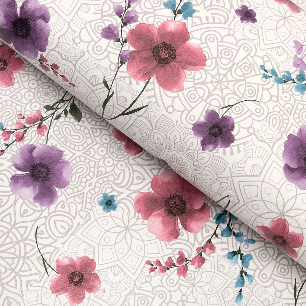 PVC obrus Fialové kvety s ornamentami na bielom PV-211 - metráž š. 140 cm - Biante.sk