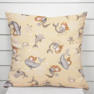 Dětský bavlněný povlak na polštář Sandra SA-670 Šedo-hnědé mořské panny s delfíny na žlutobéžovém - Biante.cz Dětský bavlněný povlak na polštář Sandra SA-670 Šedo-hnědé mořské panny s delfíny na žlutobéžovém - Biante.cz