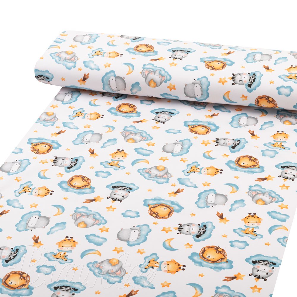 Dětská bavlněná látka/plátno Sandra SA-693 Africká zvířátka na modrých obláčcích na bílém - šířka 160 cm - detail 1 - Biante.cz