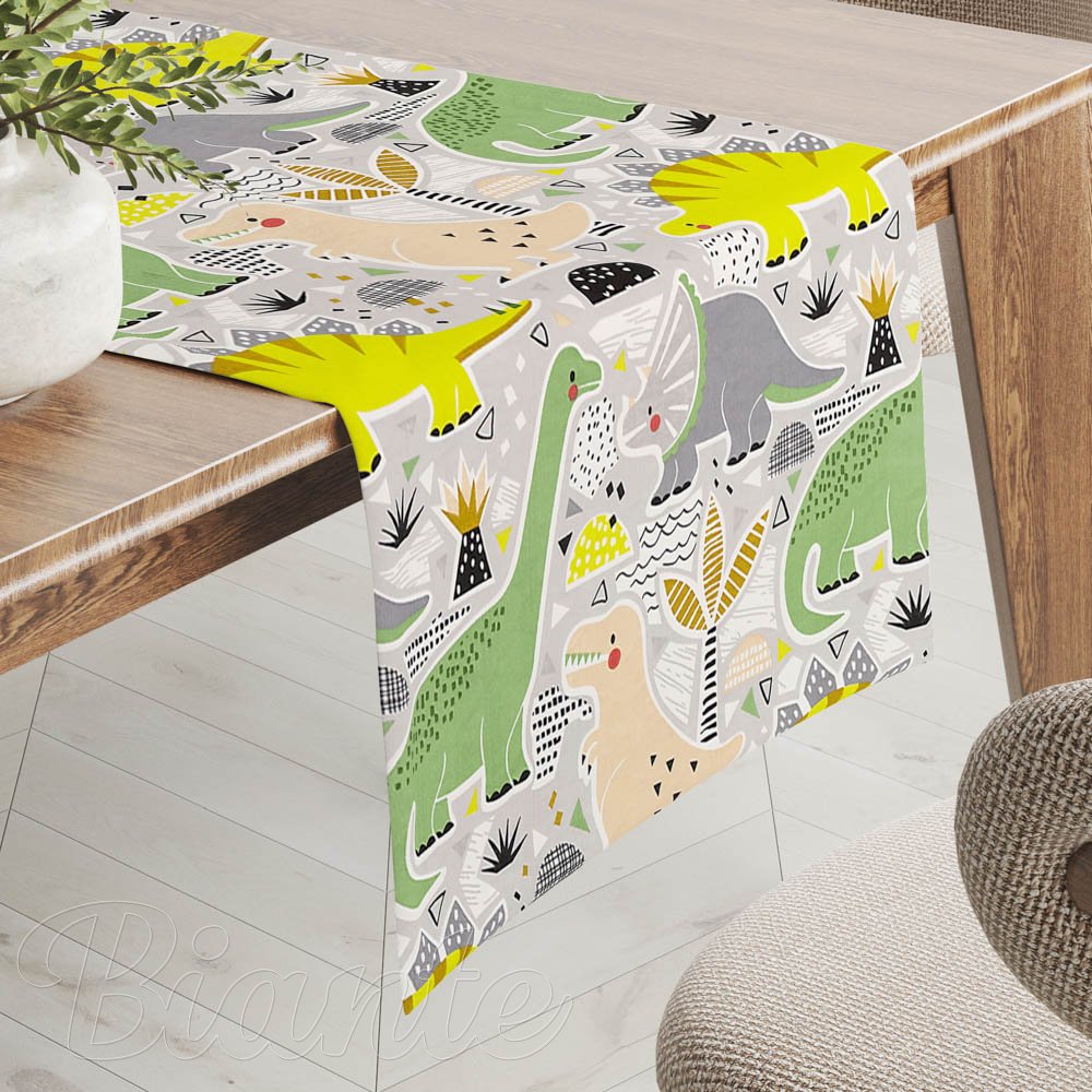 Dětský bavlněný běhoun na stůl Sandra SA-564 Dinosauři a brontosauři na šedém - Biante.cz