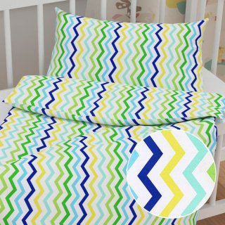 Dětské bavlněné povlečení do postýlky Sandra SA-378 Zeleno-modro-žluté cik-cak proužky - Biante.cz