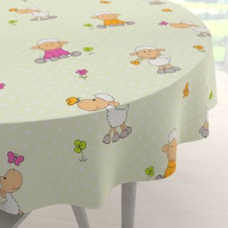 Dětský bavlněný kulatý ubrus Sandra SA-729 Veselé ovečky na světle zeleném puntíkovaném - Biante.cz