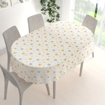 Luxusný dekoračný vianočný oválny obrus Parma PM-139 Strieborno-zlaté hviezdičky na strieborno-krémovom - detail 1 - Biante.sk