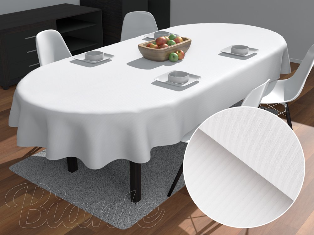 Damaškový oválny obrus Atlas Grádl DM-012 Biely - tenké pásiky 2 mm - Biante.sk