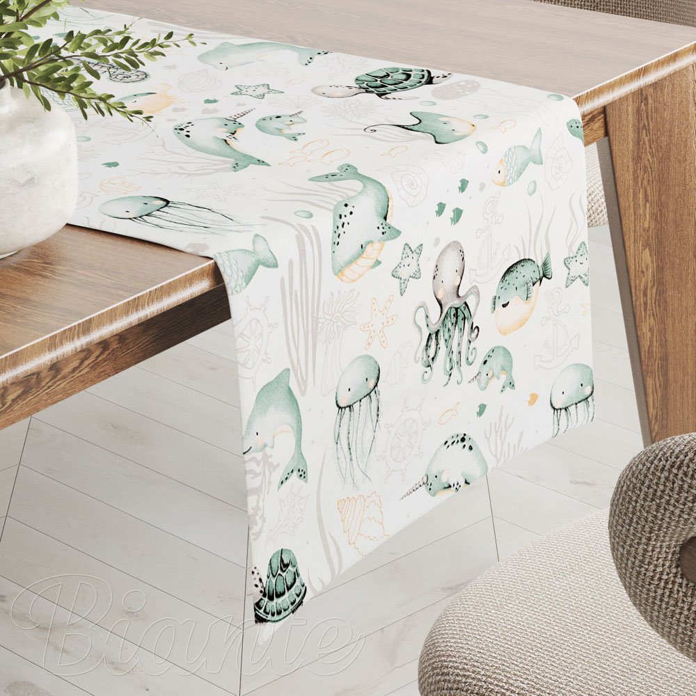 Dětský bavlněný běhoun na stůl Sandra SA-688 Mořský svět zelený na bílém - Biante.cz
