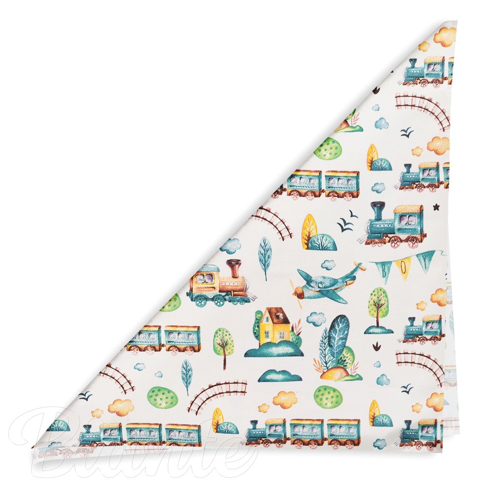 Dětský bavlněný šátek Sandra SA-659 Modrozelené vláčky s letadýlky na bílém - detail 1 - Biante.cz