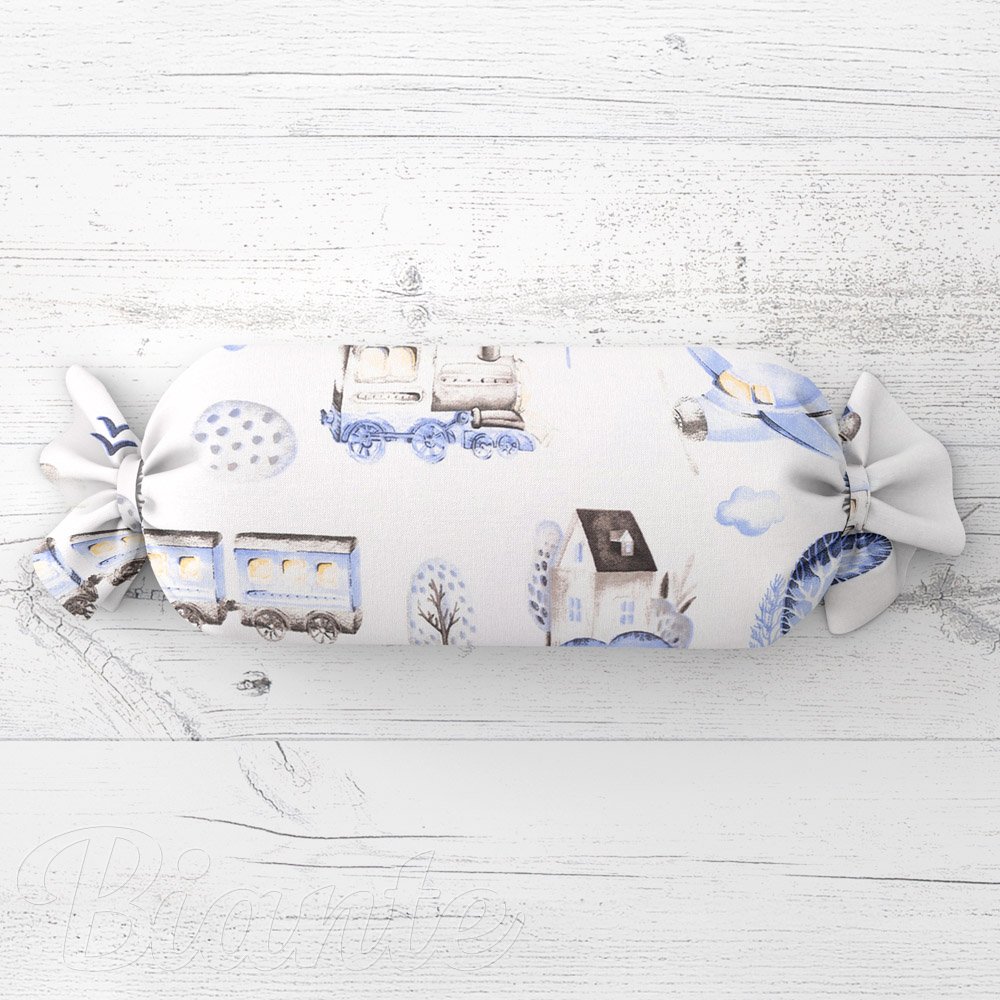 Dětský polštář válec bonbon Sandra SA-690 Modré vláčky s letadýlky na bílém - Biante.cz