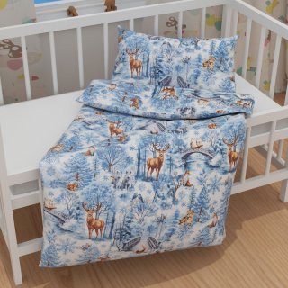 Dětské bavlněné povlečení do postýlky Sandra SA-674 Lesní zvířata v zimním lese na modrém - detail 1 - Biante.cz